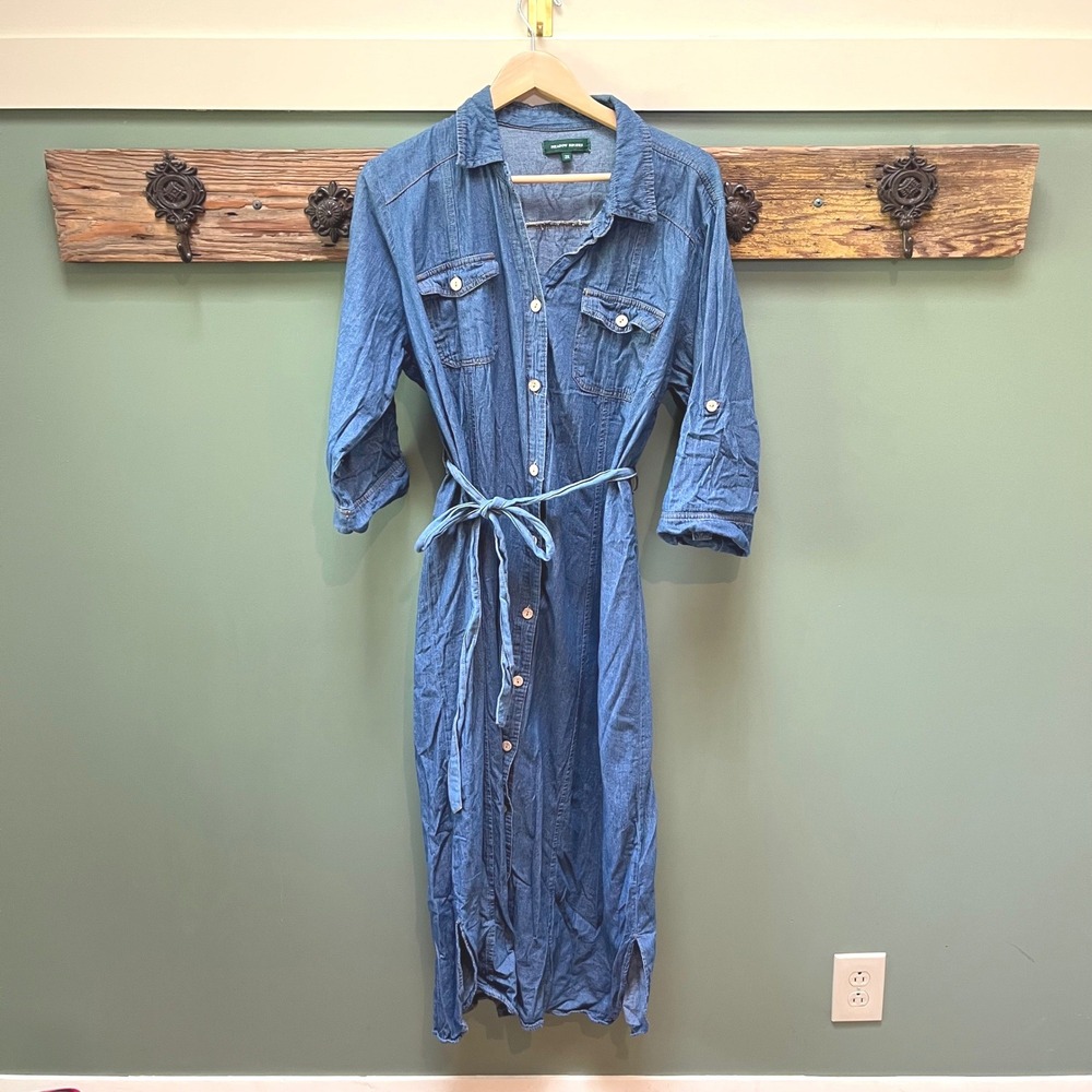 Meadow Rhodes Women 2X Blue Denim Shirt Dress Long Sleeve Midi Belted Cotton
